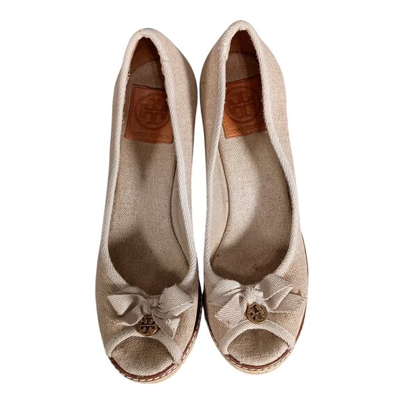 Tory Burch Jackie Espadrille Wedge Sandal Shoe Bow Peep Toe Beige Canvas 8.5 B - Picture 4 of 11